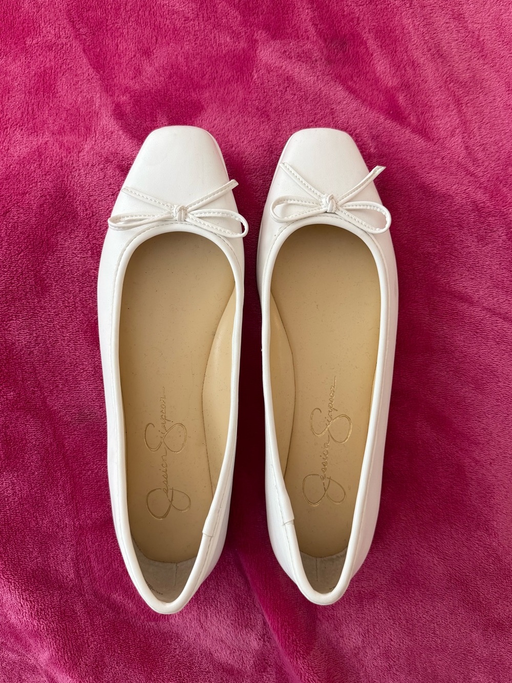 Jessica Simpson White Square-Toe Ballet Flats with Bow